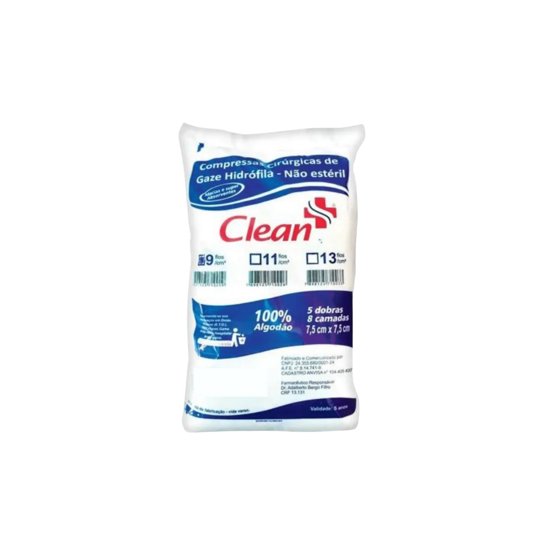 Compressa de gaze hidrófila Clean 9 fios - não estéril com 500 unidades