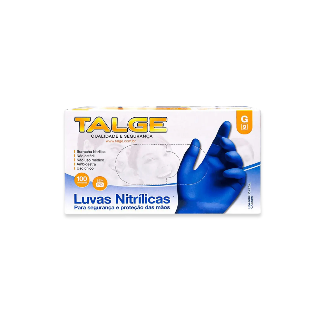 Luva Nitrilica Azul sem pó Talge GRANDE com 100 unidades