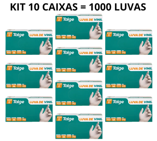 Kit 10 Caixas Luva Procedimento Talge Vinil Descartável Sem Amido tamanho Médio