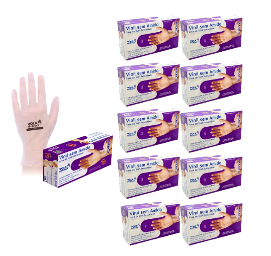 Kit 10 Caixas Luva Procedimento Volk  Vinil Descartável Sem Amido tamanho Grande